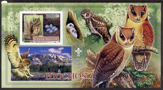 Guinea - Bissau 2007 Birds - Owls #2 large imperf s/sheet containing 1 value (Scout logo in background) unmounted mint, stamps on , stamps on  stamps on birds, stamps on  stamps on scouts, stamps on  stamps on owls, stamps on  stamps on birds of prey