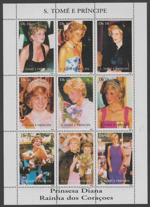 St Thomas & Prince Islands 1997 Princess Diana perf sheetlet containing 9 values unmounted mint. Note this item is privately produced and is offered purely on its themati..., stamps on royalty, stamps on diana