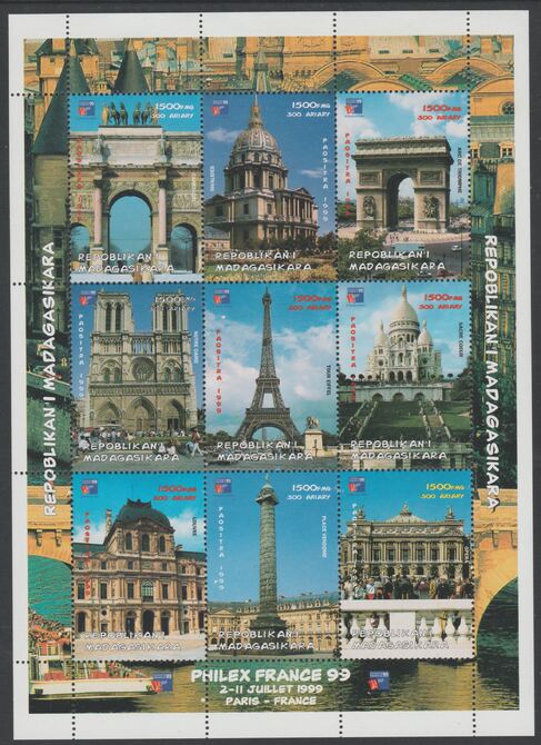 Madagascar 1999 Philex France '99 - French Landmarks perf sheetlet containing complete set of 9 values unmounted mint, stamps on stamp exhibitions, stamps on tourism, stamps on buildings, stamps on cathedrals, stamps on towers, stamps on eiffel tower, stamps on 