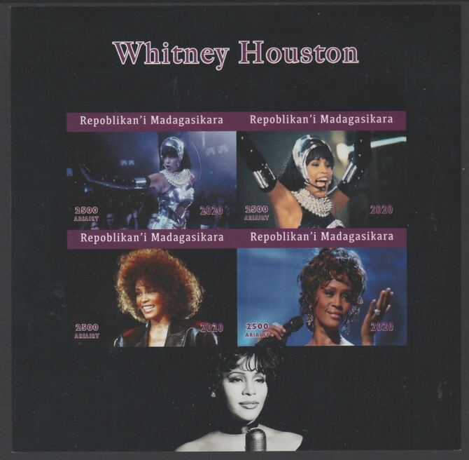 Madagascar 2020 Whitney Houston imperf sheetlet containing 4 values unmounted mint. Note this item is privately produced and is offered purely on its thematic appeal, stamps on , stamps on  stamps on music, stamps on  stamps on  pops, stamps on  stamps on  rock, stamps on  stamps on 