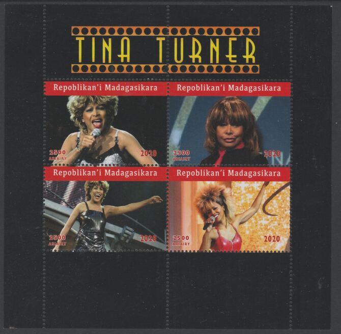 Madagascar 2020 Tina Turner perf sheetlet containing 4 values unmounted mint. Note this item is privately produced and is offered purely on its thematic appeal, stamps on , stamps on  stamps on music, stamps on  stamps on  pops, stamps on  stamps on  rock, stamps on  stamps on 