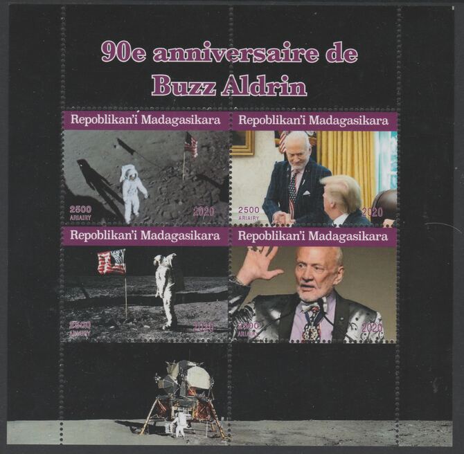 Madagascar 2020 Buzz Aldrin 90th Birthday perf sheetlet containing 4 values unmounted mint. Note this item is privately produced and is offered purely on its thematic appeal, stamps on personalities, stamps on space, stamps on apollo