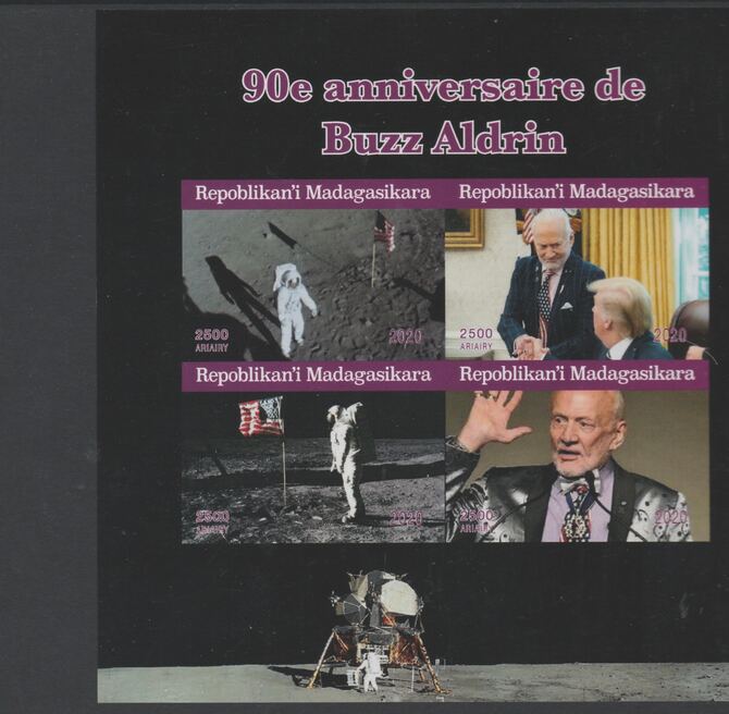 Madagascar 2020 Buzz Aldrin 90th Birthday imperf sheetlet containing 4 values unmounted mint. Note this item is privately produced and is offered purely on its thematic appeal, stamps on personalities, stamps on space, stamps on apollo