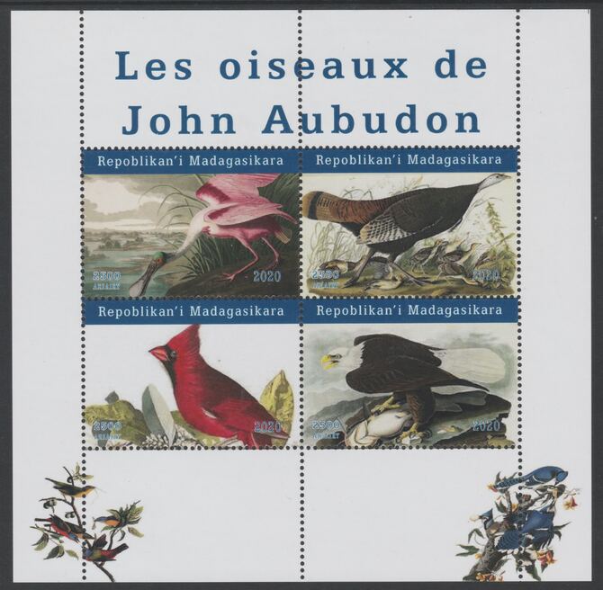 Madagascar 2020 Birds of John Audubon perf sheetlet containing 4 values unmounted mint. Note this item is privately produced and is offered purely on its thematic appeal, stamps on personalities, stamps on audubon, stamps on birds