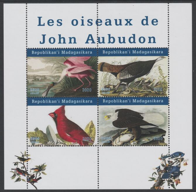 Madagascar 2020 Birds of John Audubon perf sheetlet containing 4 values unmounted mint. Note this item is privately produced and is offered purely on its thematic appeal, stamps on , stamps on  stamps on personalities, stamps on  stamps on audubon, stamps on  stamps on birds