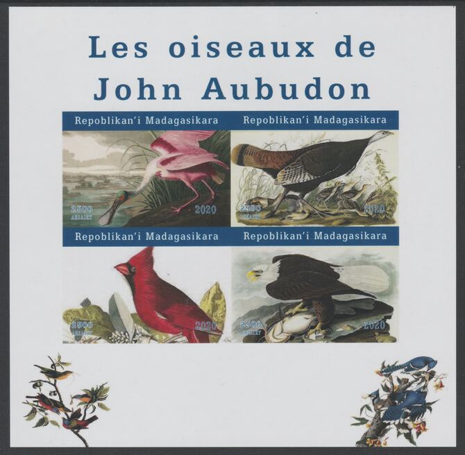 Madagascar 2020 Birds of John Audubon imperf sheetlet containing 4 values unmounted mint. Note this item is privately produced and is offered purely on its thematic appeal, stamps on , stamps on  stamps on personalities, stamps on  stamps on audubon, stamps on  stamps on birds