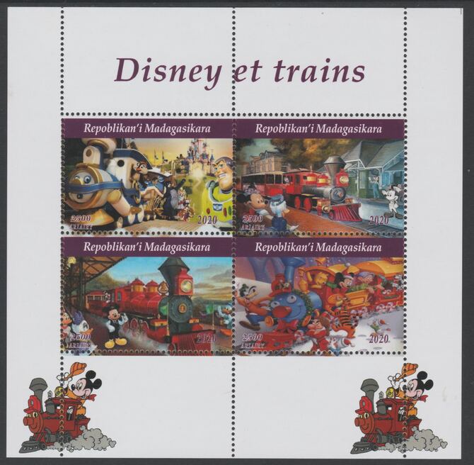 Madagascar 2020 Disney Trains perf sheetlet containing 4 values unmounted mint. Note this item is privately produced and is offered purely on its thematic appeal, stamps on railways, stamps on disney