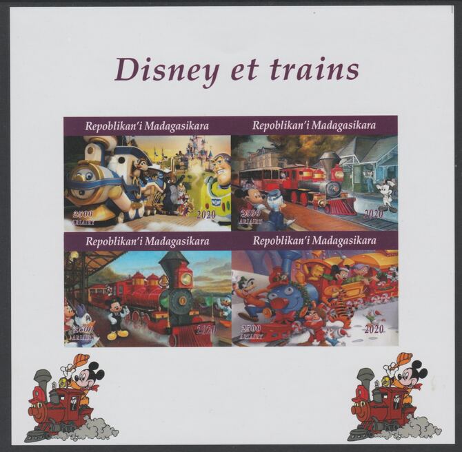 Madagascar 2020 Disney Trains imperf sheetlet containing 4 values unmounted mint. Note this item is privately produced and is offered purely on its thematic appeal, stamps on railways, stamps on disney