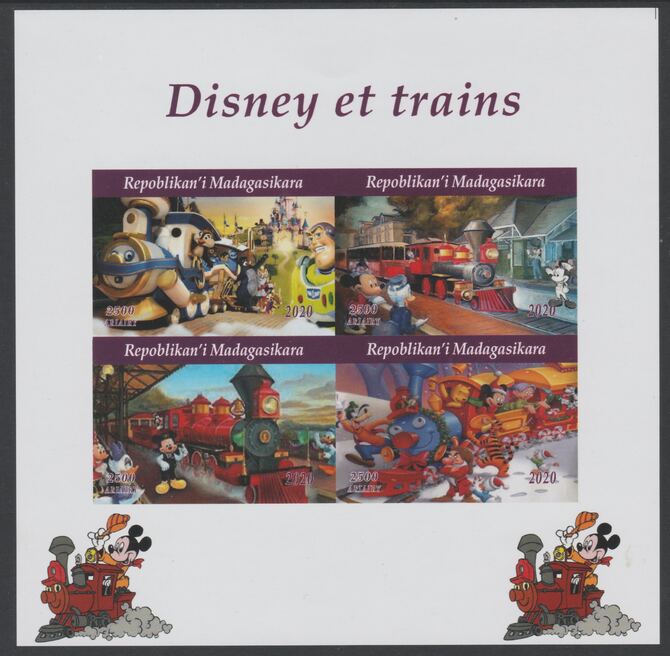 Madagascar 2020 Disney Trains imperf sheetlet containing 4 values unmounted mint. Note this item is privately produced and is offered purely on its thematic appeal, stamps on railways, stamps on disney