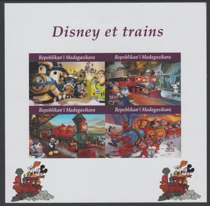 Madagascar 2020 Disney Trains imperf sheetlet containing 4 values unmounted mint. Note this item is privately produced and is offered purely on its thematic appeal, stamps on , stamps on  stamps on railways, stamps on  stamps on disney