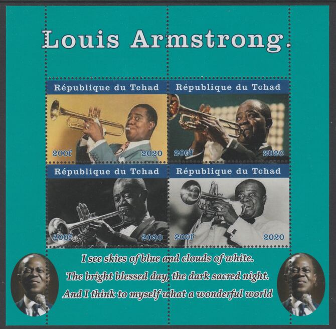 Chad 2020 Louis Armstrong perf sheetlet containing 4 values unmounted mint. Note this item is privately produced and is offered purely on its thematic appeal, stamps on music, stamps on jazz, stamps on armstromg