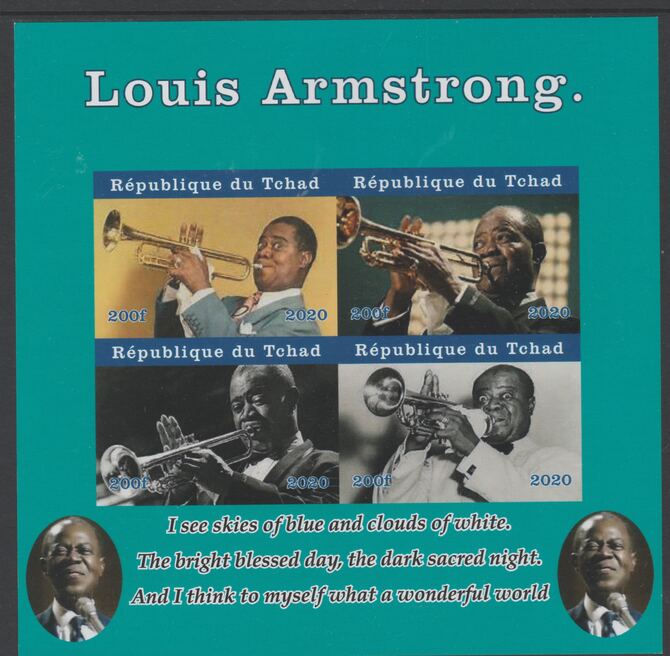 Chad 2020 Louis Armstrong imperf sheetlet containing 4 values unmounted mint. Note this item is privately produced and is offered purely on its thematic appeal, stamps on , stamps on  stamps on music, stamps on  stamps on jazz, stamps on  stamps on armstromg