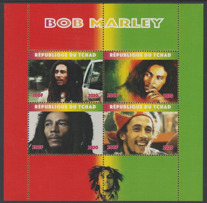 Chad 2020 Bob Marley perf sheetlet containing 4 values unmounted mint. Note this item is privately produced and is offered purely on its thematic appeal, stamps on music, stamps on rock, stamps on pops