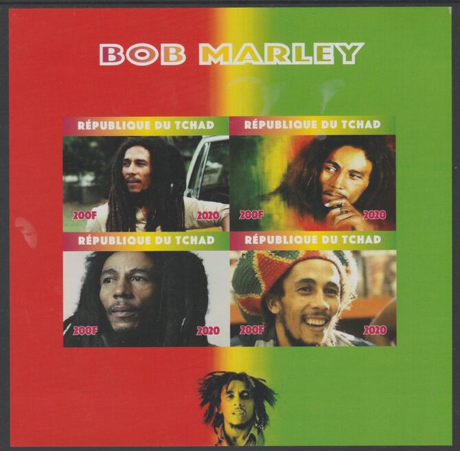 Chad 2020 Bob Marley imperf sheetlet containing 4 values unmounted mint. Note this item is privately produced and is offered purely on its thematic appeal, stamps on music, stamps on rock, stamps on pops