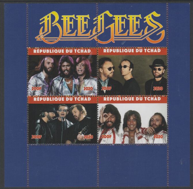 Chad 2020 Bee Gees perf sheetlet containing 4 values unmounted mint. Note this item is privately produced and is offered purely on its thematic appeal, stamps on music, stamps on rock, stamps on pops