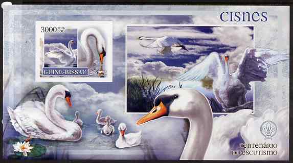 Guinea - Bissau 2007 Birds - Swans large imperf s/sheet containing 1 value (Scout logo in background) unmounted mint, stamps on , stamps on  stamps on birds, stamps on  stamps on scouts, stamps on  stamps on swans