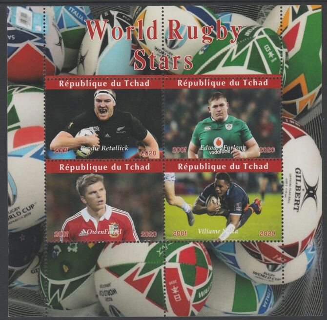 Chad 2020 Rugby World Stars perf sheetlet containing 4 values unmounted mint. Note this item is privately produced and is offered purely on its thematic appeal, stamps on , stamps on  stamps on sport, stamps on  stamps on rugby