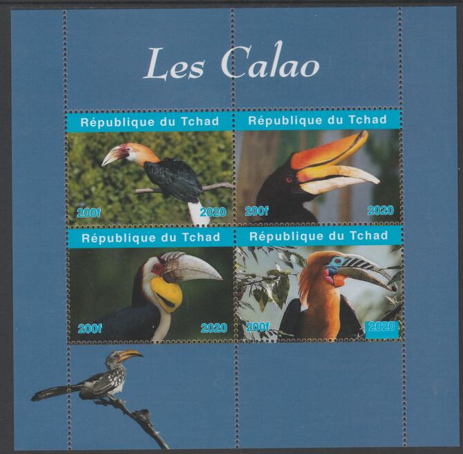 Chad 2020 Birds - Hornbills perf sheetlet containing 4 values unmounted mint. Note this item is privately produced and is offered purely on its thematic appeal, stamps on , stamps on  stamps on birds, stamps on  stamps on hornbills