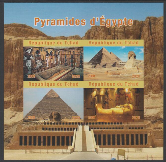 Chad 2020 Pyramids of Egypt imperf sheetlet containing 4 values unmounted mint. Note this item is privately produced and is offered purely on its thematic appeal, stamps on , stamps on  stamps on pyramids, stamps on  stamps on tourism, stamps on  stamps on egyptology