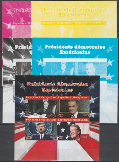 Madagascar 2020 US Presidents - Kennedy, Clinton, LBJ & FD Roosevelt - imperf set of 5 progressive sheets comprising the 4 individual colours and completed design unmounted mint. Note this item is privately produced and is offered purely on its thematic appeal, stamps on , stamps on  stamps on personalities, stamps on  stamps on us presidents, stamps on  stamps on kennedy, stamps on  stamps on clinton, stamps on  stamps on americana, stamps on  stamps on  lbj , stamps on  stamps on  roosevelt