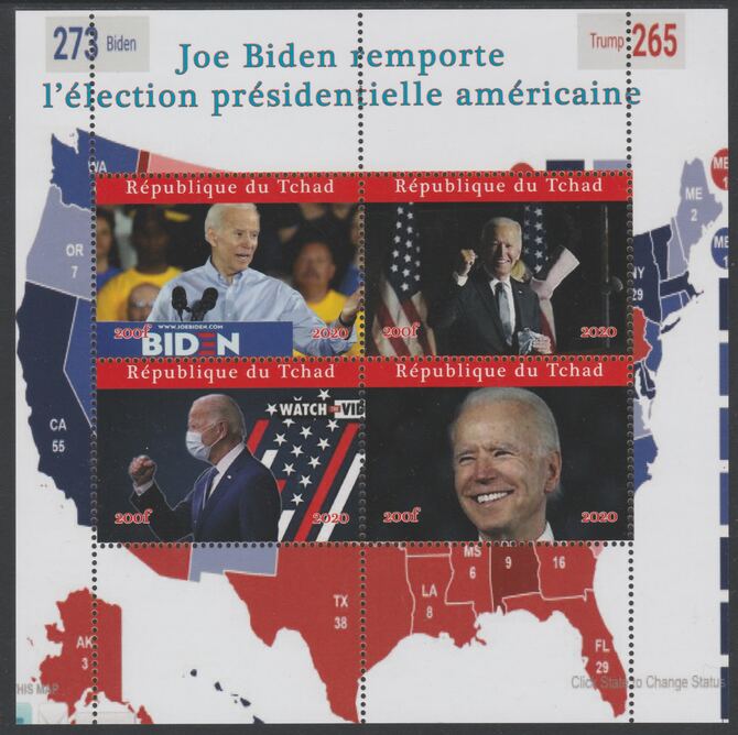 Chad 2020 Joe Biden President Elect perf sheet containing 4 values unmounted mint. Note this item is privately produced and is offered purely on its thematic appeal, stamps on , stamps on  stamps on personalities, stamps on  stamps on biden, stamps on  stamps on usa presidents, stamps on  stamps on americana