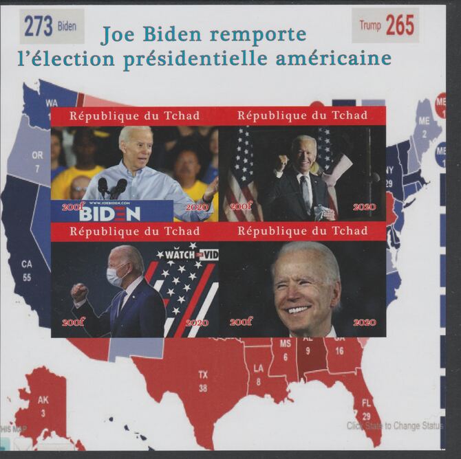 Chad 2020 Joe Biden President Elect imperf sheet containing 4 values unmounted mint. Note this item is privately produced and is offered purely on its thematic appeal, stamps on , stamps on  stamps on personalities, stamps on  stamps on biden, stamps on  stamps on usa presidents, stamps on  stamps on americana