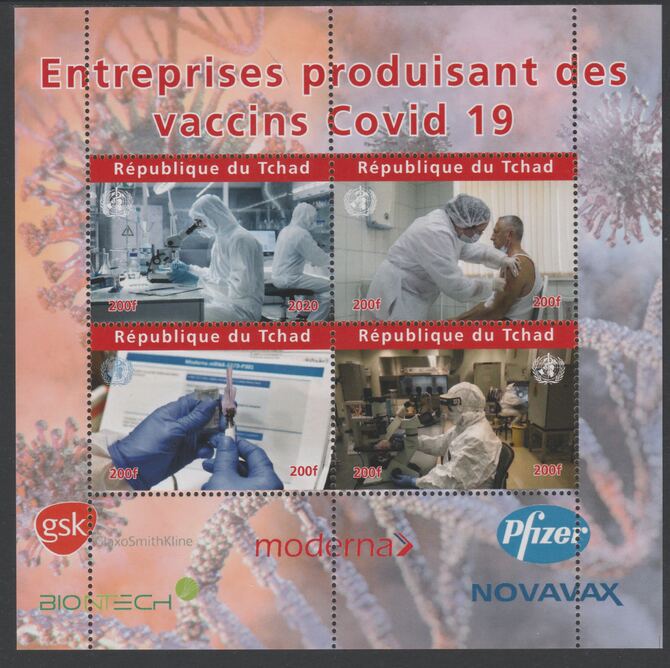 Chad 2020 Companies producing Covid 19 Vaccines perf sheet containing 4 values unmounted mint. Note this item is privately produced and is offered purely on its thematic appeal, stamps on medical, stamps on disasters, stamps on diseases
