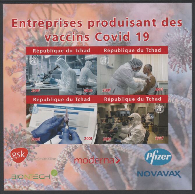 Chad 2020 Companies producing Covid 19 Vaccines imperf sheet containing 4 values unmounted mint. Note this item is privately produced and is offered purely on its themati..., stamps on medical, stamps on disasters, stamps on diseases