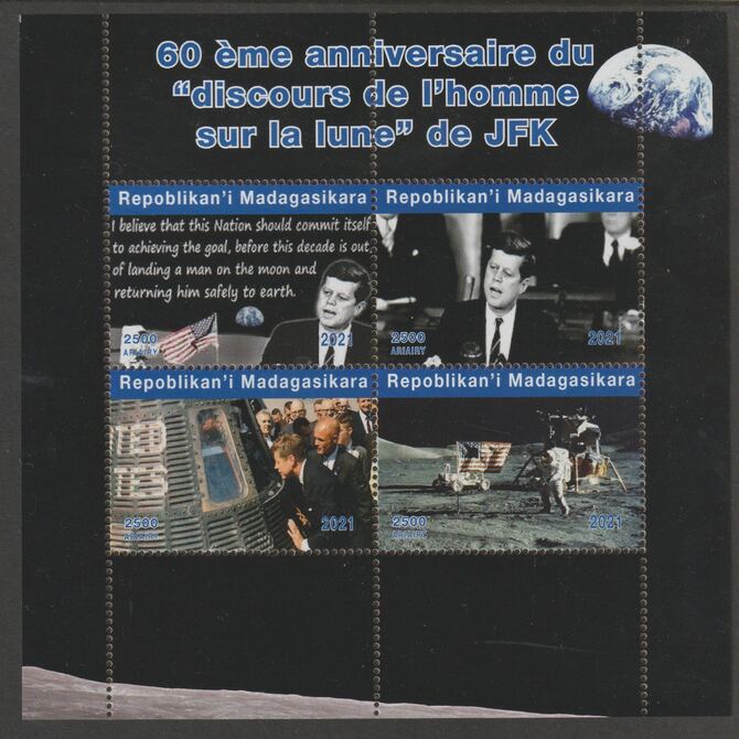 Madagascar 2021 60th Anniversary of JFK's Man on the Moon speech, #1 perf sheetlet containing 4 values unmounted mint. Note this item is privately produced and is offered purely on its thematic appeal, stamps on , stamps on  stamps on space, stamps on  stamps on kennedy, stamps on  stamps on apollo, stamps on  stamps on man on moon