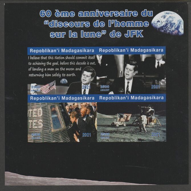 Madagascar 2021 60th Anniversary of JFK's Man on the Moon speech, #1 imperf sheetlet containing 4 values unmounted mint. Note this item is privately produced and is offered purely on its thematic appeal, stamps on space, stamps on kennedy, stamps on apollo, stamps on man on moon