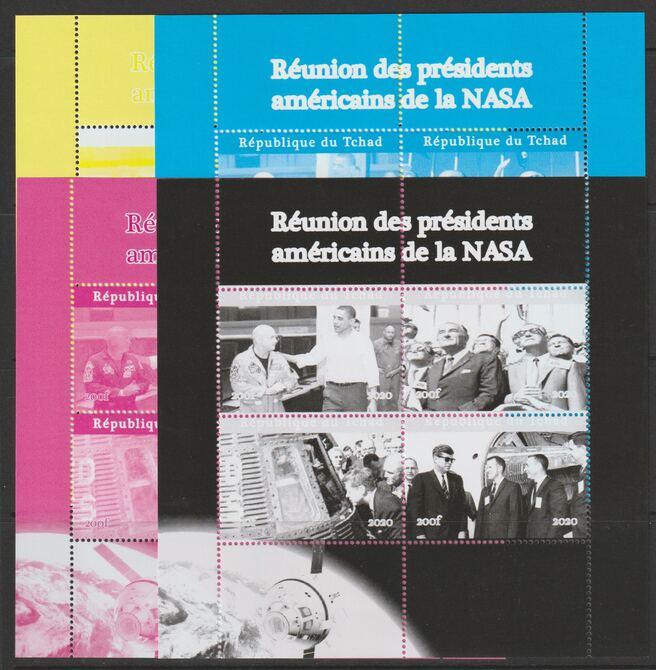 Chad 2020 US Presidential Visits to NASA - perf sheetlet containing 4 values - the set of  4 progressive proofs comprising the 4 individual colours unmounted mint. Note this item is privately produced and is offered purely on its thematic appeal, stamps on kennedy, stamps on usa presidents, stamps on americana, stamps on nasa, stamps on space, stamps on obama