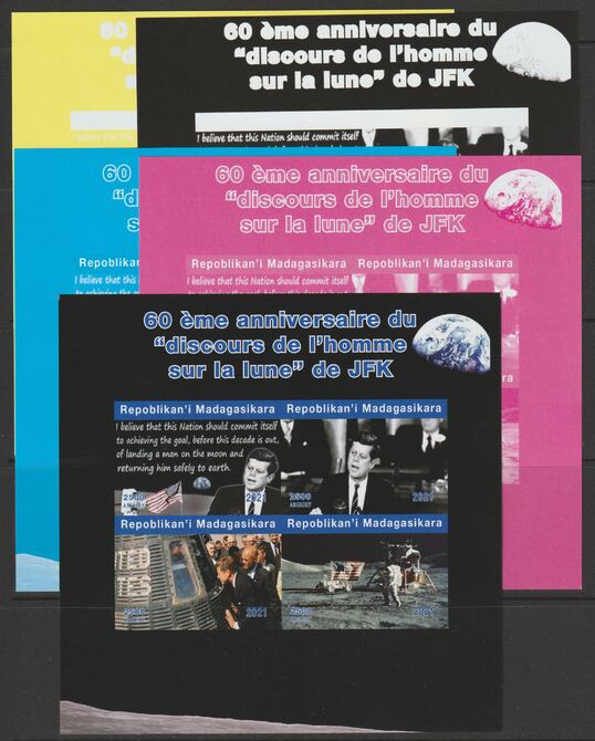 Madagascar 2021 60th Anniversary of JFKs Man on the Moon speech, #1 imperf sheetlet containing 4 values - the set of  5 progressive proofs comprising the 4 individual col..., stamps on space, stamps on kennedy, stamps on apollo, stamps on man on moon