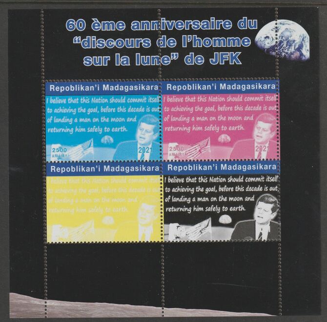 Madagascar 2021 60th Anniversary of JFK's Man on the Moon speech, #2 perf sheetlet containing 4 values unmounted mint. Note this item is privately produced and is offered purely on its thematic appeal, stamps on space, stamps on kennedy, stamps on apollo, stamps on man on moon