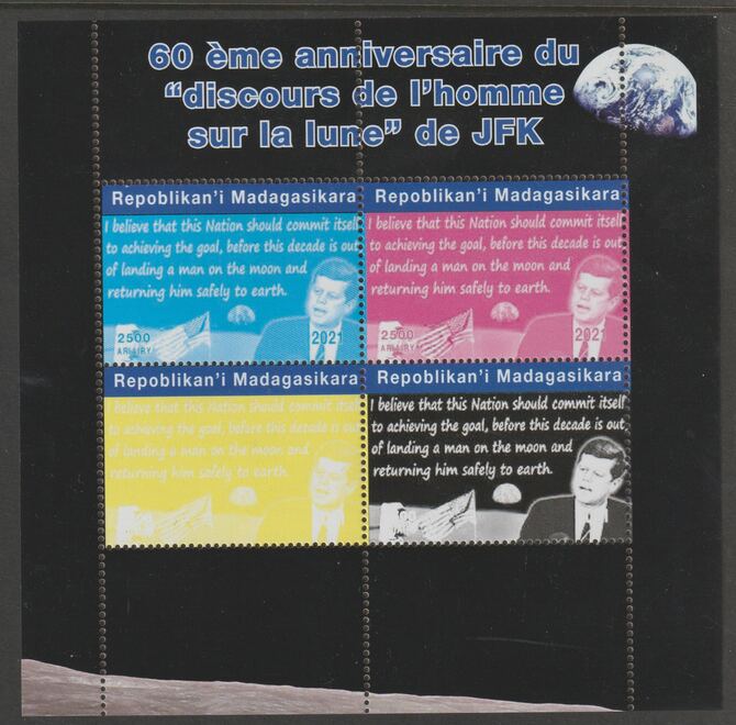 Madagascar 2021 60th Anniversary of JFK's Man on the Moon speech, #2 perf sheetlet containing 4 values unmounted mint. Note this item is privately produced and is offered purely on its thematic appeal, stamps on , stamps on  stamps on space, stamps on  stamps on kennedy, stamps on  stamps on apollo, stamps on  stamps on man on moon