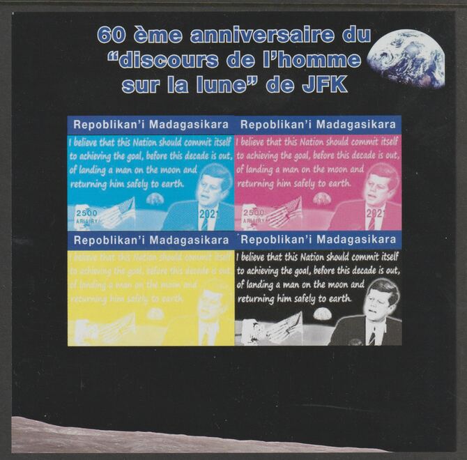 Madagascar 2021 60th Anniversary of JFK's Man on the Moon speech, #2 imperf sheetlet containing 4 values unmounted mint. Note this item is privately produced and is offered purely on its thematic appeal, stamps on space, stamps on kennedy, stamps on apollo, stamps on man on moon