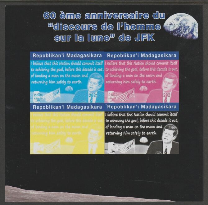 Madagascar 2021 60th Anniversary of JFKs Man on the Moon speech, #2 imperf sheetlet containing 4 values unmounted mint. Note this item is privately produced and is offere..., stamps on space, stamps on kennedy, stamps on apollo, stamps on man on moon