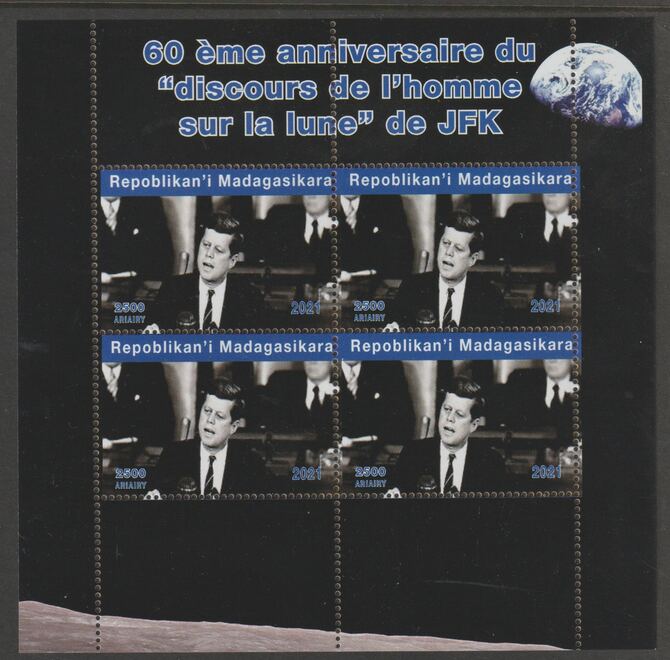 Madagascar 2021 60th Anniversary of JFK's Man on the Moon speech, #3 perf sheetlet containing 4 values unmounted mint. Note this item is privately produced and is offered purely on its thematic appeal, stamps on space, stamps on kennedy, stamps on apollo, stamps on man on moon