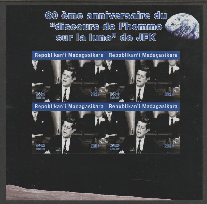 Madagascar 2021 60th Anniversary of JFK's Man on the Moon speech, #3 imperf sheetlet containing 4 values unmounted mint. Note this item is privately produced and is offered purely on its thematic appeal, stamps on , stamps on  stamps on space, stamps on  stamps on kennedy, stamps on  stamps on apollo, stamps on  stamps on man on moon