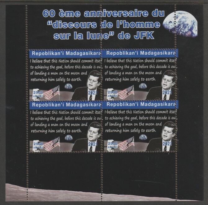 Madagascar 2021 60th Anniversary of JFK's Man on the Moon speech, #4 perf sheetlet containing 4 values unmounted mint. Note this item is privately produced and is offered purely on its thematic appeal, stamps on space, stamps on kennedy, stamps on apollo, stamps on man on moon