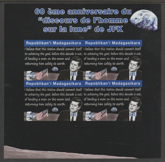 Madagascar 2021 60th Anniversary of JFK's Man on the Moon speech, #4 imperf sheetlet containing 4 values unmounted mint. Note this item is privately produced and is offered purely on its thematic appeal, stamps on space, stamps on kennedy, stamps on apollo, stamps on man on moon