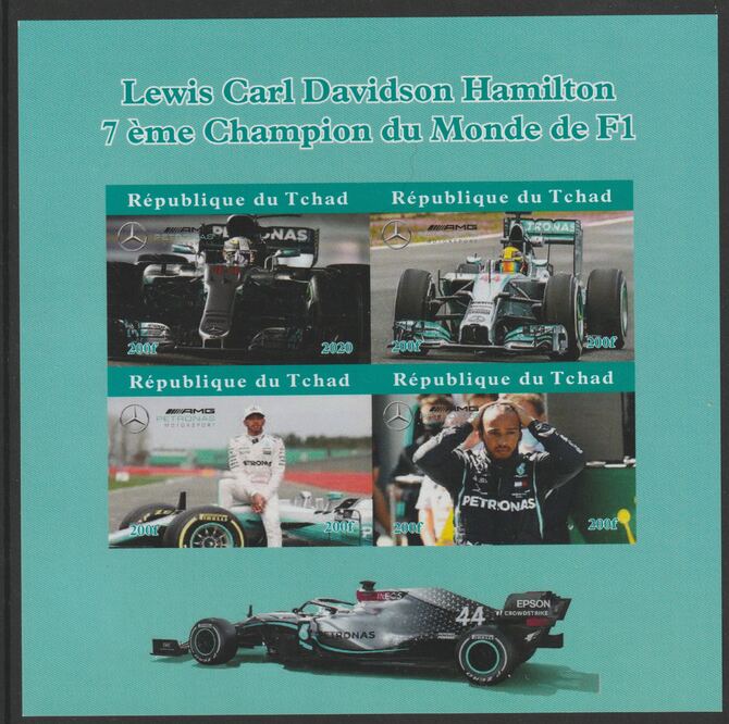 Chad 2020 Lewis Hamilton F1 Champion imperf sheetlet containing 4 values unmounted mint. Note this item is privately produced and is offered purely on its thematic appeal, stamps on personalities, stamps on hamilton, stamps on  f1 , stamps on formula 1, stamps on cars, stamps on 