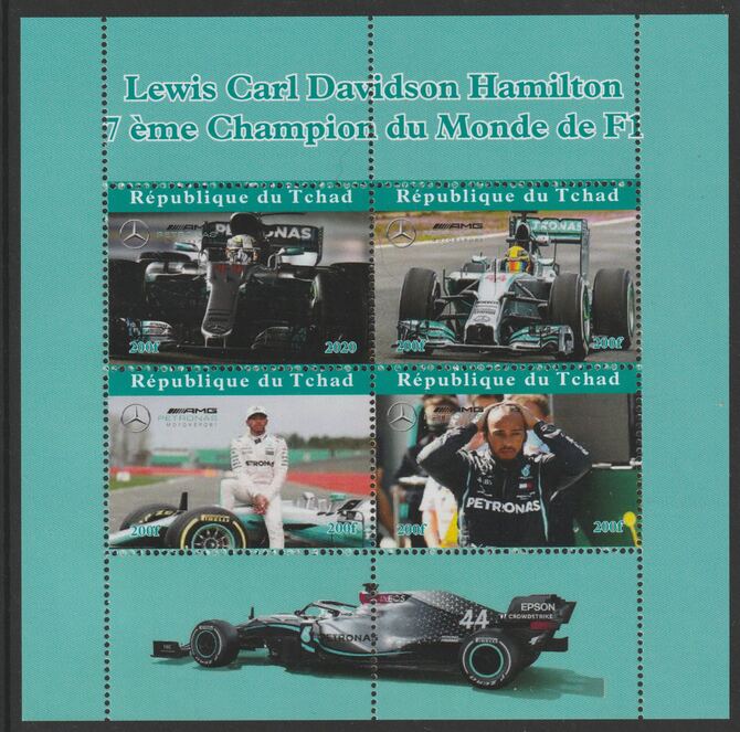 Chad 2020 Lewis Hamilton F1 Champion perf sheetlet containing 4 values unmounted mint. Note this item is privately produced and is offered purely on its thematic appeal, stamps on , stamps on  stamps on personalities, stamps on  stamps on hamilton, stamps on  stamps on  f1 , stamps on  stamps on formula 1, stamps on  stamps on cars, stamps on  stamps on 