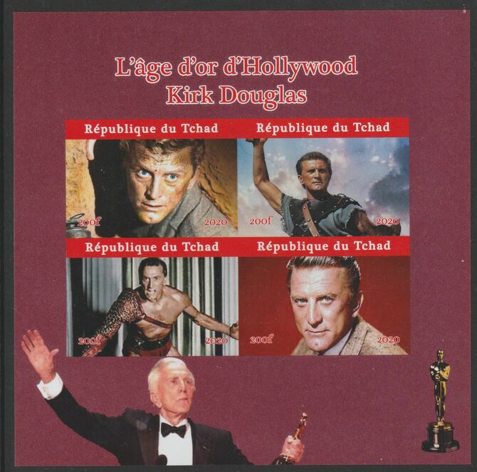 Chad 2020 Kirk Douglas - Hollywood Legend imperf sheetlet containing 4 values unmounted mint. Note this item is privately produced and is offered purely on its thematic appeal, stamps on personalities, stamps on douglas, stamps on movis, stamps on cinema