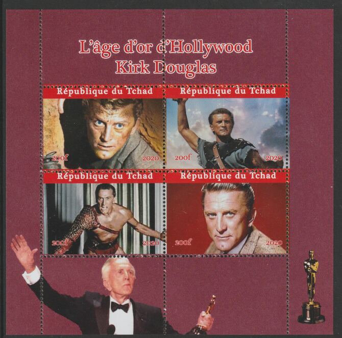 Chad 2020 Kirk Douglas - Hollywood Legend perf sheetlet containing 4 values unmounted mint. Note this item is privately produced and is offered purely on its thematic appeal, stamps on personalities, stamps on douglas, stamps on movis, stamps on cinema