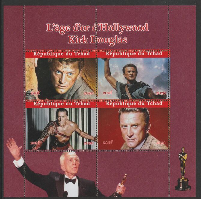 Chad 2020 Kirk Douglas - Hollywood Legend perf sheetlet containing 4 values unmounted mint. Note this item is privately produced and is offered purely on its thematic app..., stamps on personalities, stamps on douglas, stamps on movis, stamps on cinema