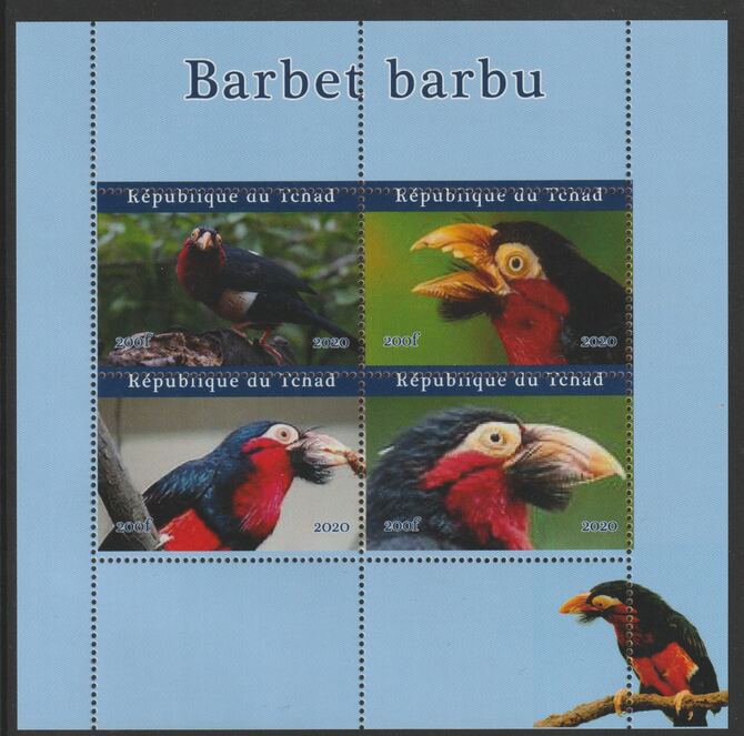 Chad 2020 Birds - Barbet barbu perf sheetlet containing 4 values unmounted mint. Note this item is privately produced and is offered purely on its thematic appeal, stamps on , stamps on  stamps on birds, stamps on  stamps on barbet