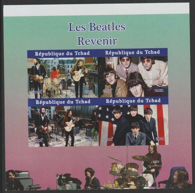 Chad 2020 The Beatles imperf sheetlet containing 4 values unmounted mint. Note this item is privately produced and is offered purely on its thematic appeal, stamps on , stamps on  stamps on music, stamps on  stamps on beatles, stamps on  stamps on pops, stamps on  stamps on rock