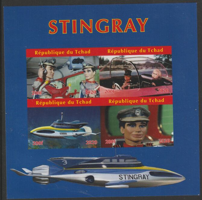 Chad 2020 Stingray - TV Series imperf sheetlet containing 4 values unmounted mint. Note this item is privately produced and is offered purely on its thematic appeal, stamps on , stamps on  stamps on stingray, stamps on  stamps on  tv , stamps on  stamps on children, stamps on  stamps on puppets