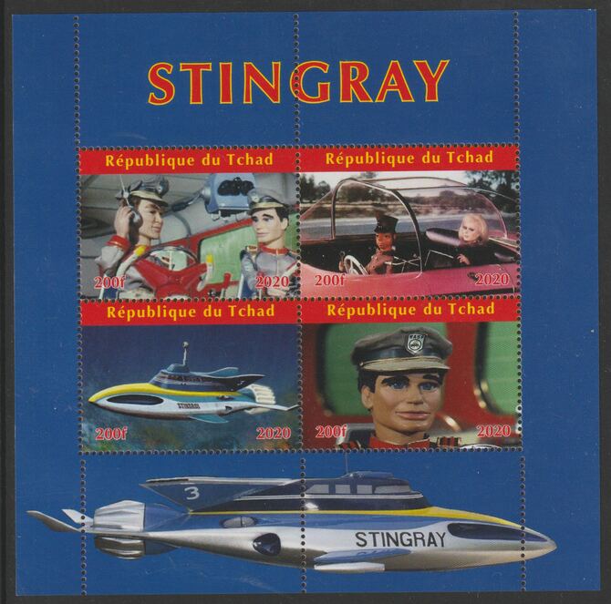 Chad 2020 Stingray - TV Series perf sheetlet containing 4 values unmounted mint. Note this item is privately produced and is offered purely on its thematic appeal, stamps on , stamps on  stamps on stingray, stamps on  stamps on  tv , stamps on  stamps on children, stamps on  stamps on puppets