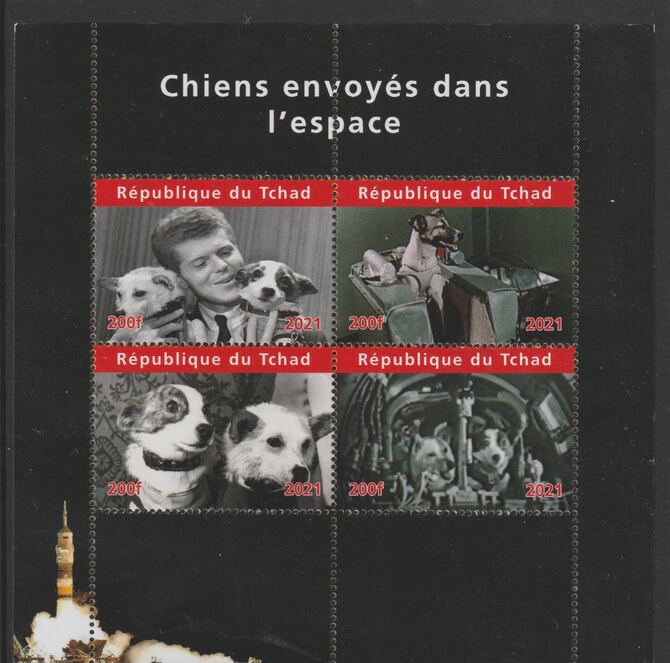 Chad 2020 Dogs sent into Space perf sheetlet containing 4 values unmounted mint. Note this item is privately produced and is offered purely on its thematic appeal, stamps on space, stamps on dogs
